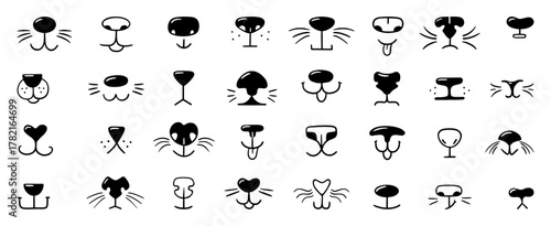 Doodle animal noses. Cats nose with mustache, face parts of dog puppy rabbit kitten. Wild animal care logo, hand drawn neoteric vector elements