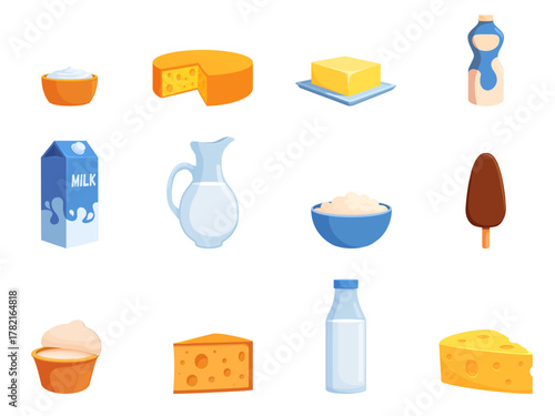 Cartoon milk products. Yogurt, different cheese and sour cream. Isolated dairy fresh food, ingredients for cooking and eating, sapid vector set