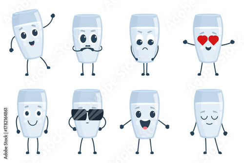 Glass of milk character. Funny various emotions dairy drink, yoghurt, kefir. Activity poses, happy angry seriously and in love, sapid vector clipart