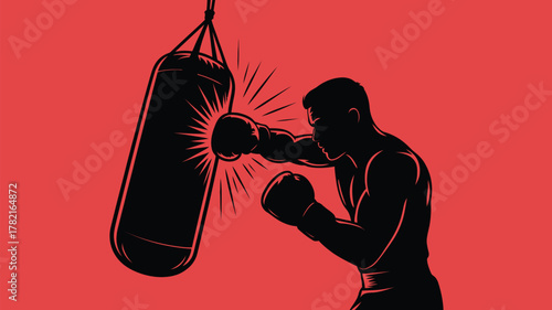 Dynamic silhouette of a boxer training hard with a punching bag, strength and determination illustration for sports and fitness businesses