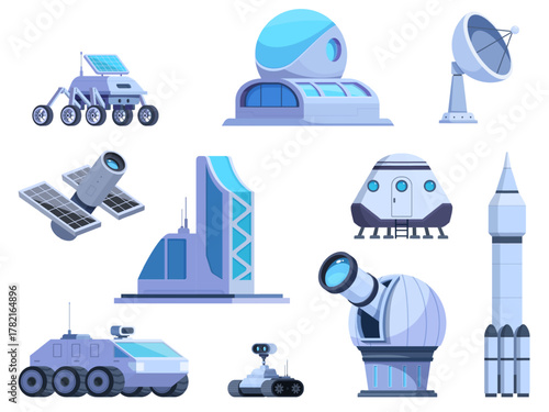 Cartoon space exploration elements. Spaceship or shuttle, observatory for astronomy research, planet rover. Universe adventure, cosmos science travel, sapid vector set
