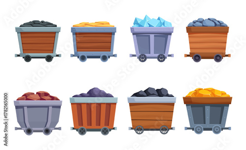 Mine carts. Isolated cart with gems, golden bars, coal and stones. Various dwarf treasures, coal and precious metal mining. Industrial sapid vector set