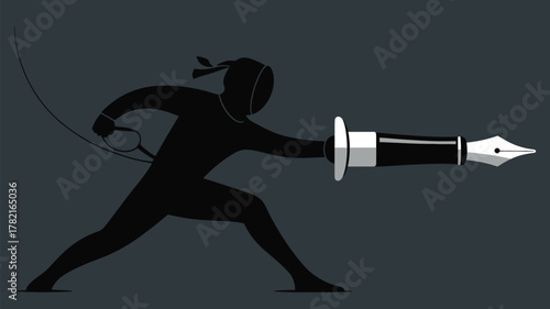 Dynamic ninja writer wielding fountain pen with sharp focus and creative power for engaging content creation in marketing and communications media