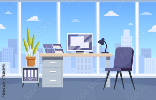 Office interior. Individual workplace in coworking zone with monitor, computer, desk and papers. Boss work area, personal space on job, sapid vector scene