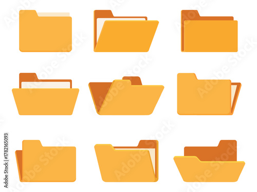 Yellow folders. Isolated paper folder various rotations. Empty papers storage, documents organization symbol. Office equipment, sapid vector element