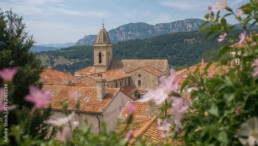 Fototapeta premium View of a church and bell tower amidst flowers in a medieval village, highlighting seasonal change