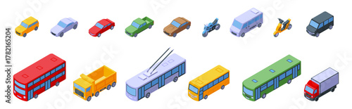 Isometric public transport. Car truck bus motorbikes, social and personal 3d vehicle icons. Delivery and urban logistic, city transportation, nifty vector set