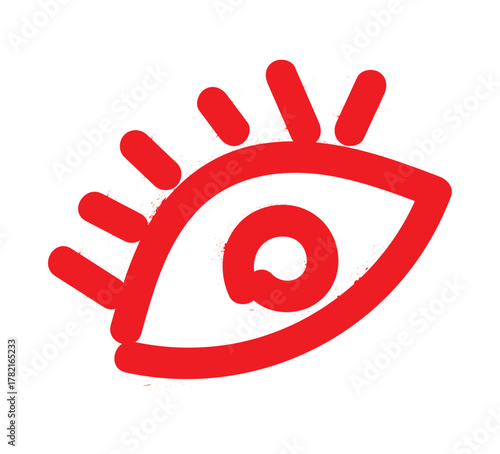 Red eye icon with lashes and pupil on a white background in a simple graphic illustration style