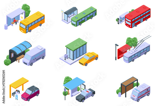 Isometric public transport stations. People waiting transports, empty waiting station. Urban architecture elements, wait bus trolley taxi, nifty vector set
