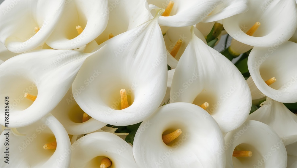Fototapeta premium Close-up of blooming white calla lilies, ideal for floral design and wedding themes