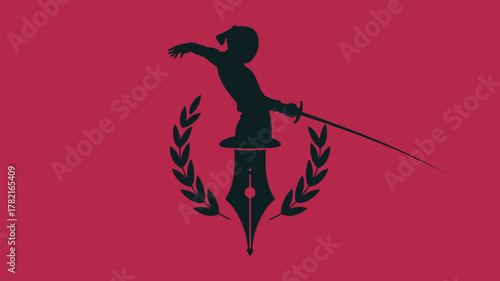 Dynamic fencing logo design with ink pen and laurel wreath on red backdrop, perfect for sports blogs, writing communities, or creative brand identity