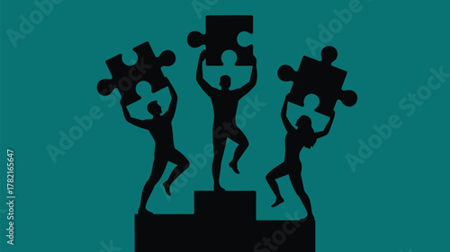 Dynamic team building success, people reaching puzzle solution, collaborative effort, achieving goals together, business strategy, teamwork concept