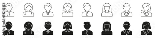 Professional Avatar Icon Set. Diverse Occupation Representation In Outline And Silhouette Styles. Business, Medical, And Corporate Profile Symbols. Isolated Vector Illustration