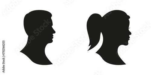 Male and Female Human Side Profile Avatars Solid Icon Set. Elegant Character Identity Icons for Personal Contact and User Account Silhouette Symbol Collection. Isolated Vector Illustration
