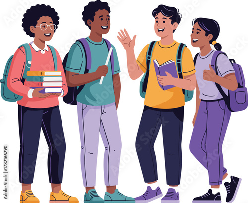 Flat Design Diverse Group of Happy High School or College Students Talking and Holding Books - Education Concept