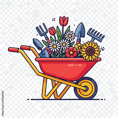 Vector Illustration of Gardening Wheelbarrow with Flowers in Modern Colorful Style