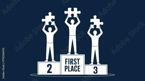 Triumph and teamwork unite on the winner's podium as puzzle pieces connect for success, achievement and collaborative spirit in business