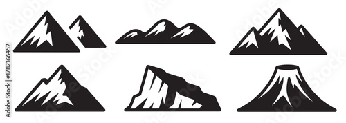 Collection of six stylized black and white mountain silhouettes