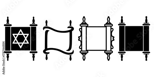 Torah Scroll Silhouette Icons Set – Jewish Religious Symbol Collection with Star of David, Sacred Scripture Parchment, Minimal Judaica Vector Illustration on White Background