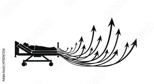 Patient's recovery visualized with upward arrows emerging from a hospital bed, symbolizing hope and progress.