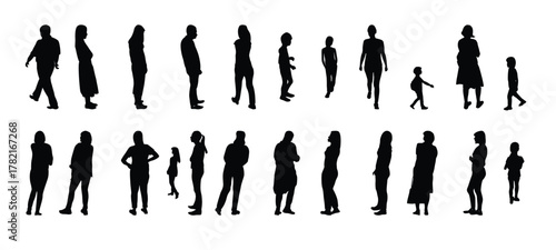 set of black and white silhouette walking people