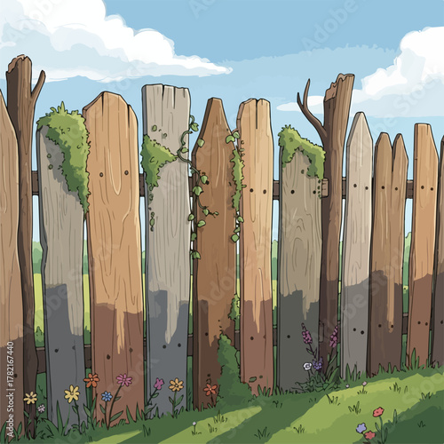 Vector Illustration of Wooden Fence in Natural Garden Style with Vines and Flowers
