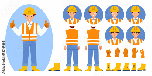 Construction worker character with multiple poses and expressions for design projects