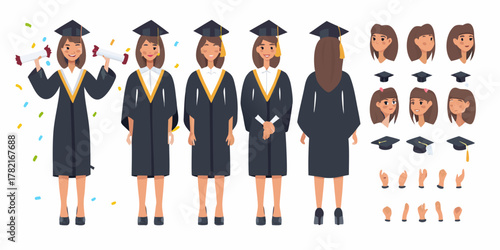 Set of graduation characters with different poses and facial expressions holding diplomas and wearing caps and gowns