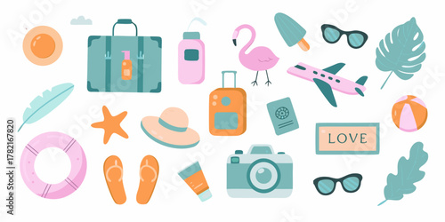 Collection of cute travel and vacation icons including luggage airplane flamingo sunglasses and beach accessories