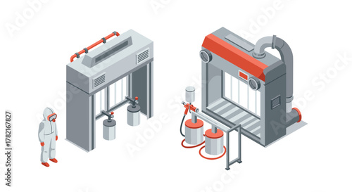 Isometric industrial paint booth with technician in clean suit