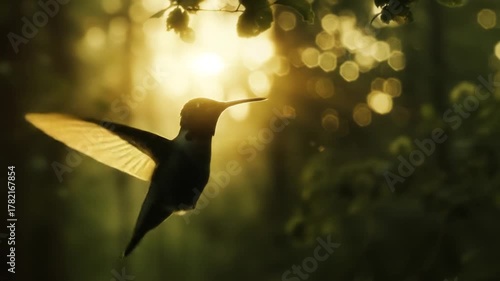 Tiny hummingbird silhouetted in flight against a warm, golden sunlight and soft bokeh background in a natural garden setting.