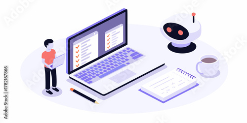 Man working on laptop with to do list and robot assistant on desk with coffee and notebook