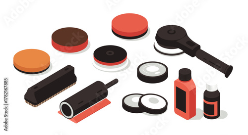Isometric car polishing tools set with buffing pads and brushes