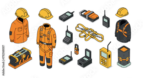 Isometric safety equipment helmets, radios, harnesses, and suit in orange and yellow
