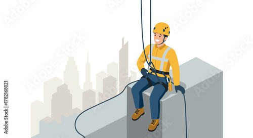 Industrial worker in safety gear abseiling from skyscraper in urban cityscape