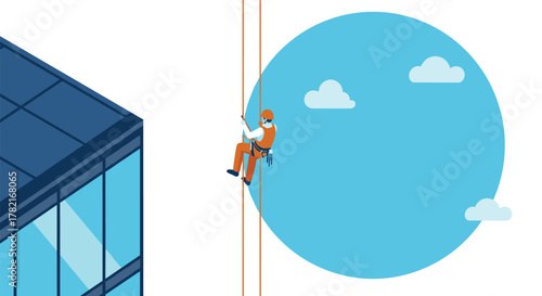 Professional window cleaner scaling skyscraper against blue sky