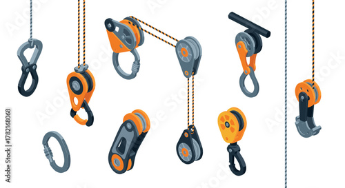Isometric pulley system components with hooks and ropes in industrial design