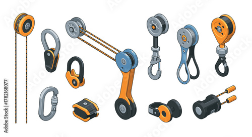 Isometric pulley system components for mechanical engineering and industrial design