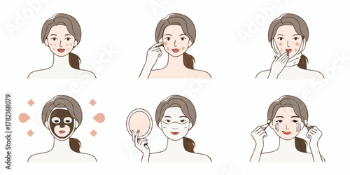 Woman s skincare routine steps illustrated with facial treatments and beauty products