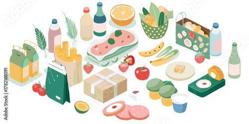 Isometric illustration of a variety of food items and groceries arranged in a scattered composition
