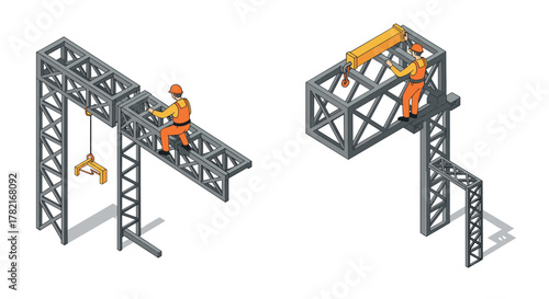 Isometric construction workers installing steel structures with crane elements