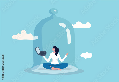 Introvert working space, privacy to work individual, employee work productively when working alone concept, introvert disconnected woman working alone with computer laptop covered inside glass dome.