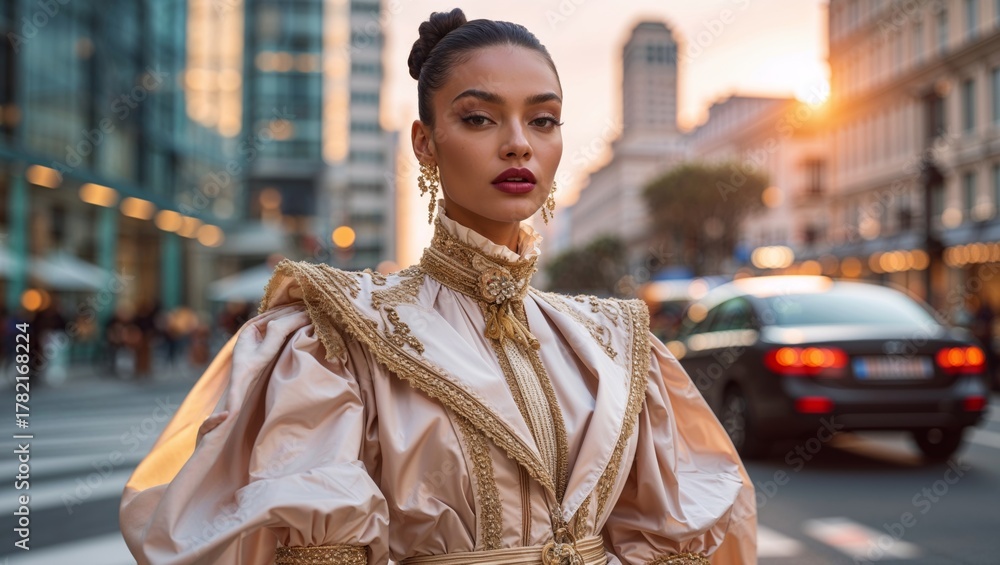 Obraz premium elegant woman in vintage dress poses on a city street at sunset