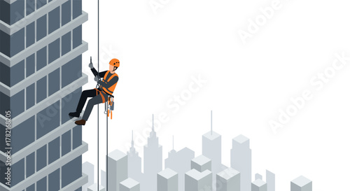 Flat urban window cleaner on skyscraper with cityscape background