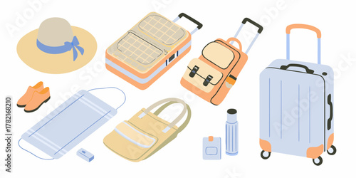 Collection of travel essentials including luggage hat shoes face mask and tote bag