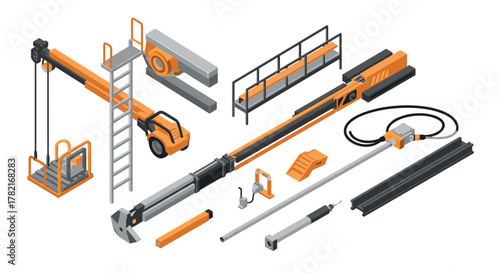 Isometric construction equipment set crane, loader, concrete tools in orange and grey
