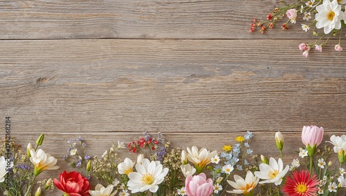 A spring-themed backdrop featuring a sweet floral border against a wooden wall, ideal for seasonal promotions
