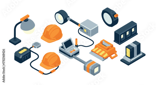Isometric construction tools and safety gear collection on white background