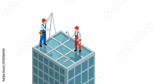 Isometric workers cleaning glass skyscraper roof in safety gear