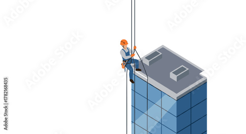 Isometric window cleaner on skyscraper urban safety and maintenance scene